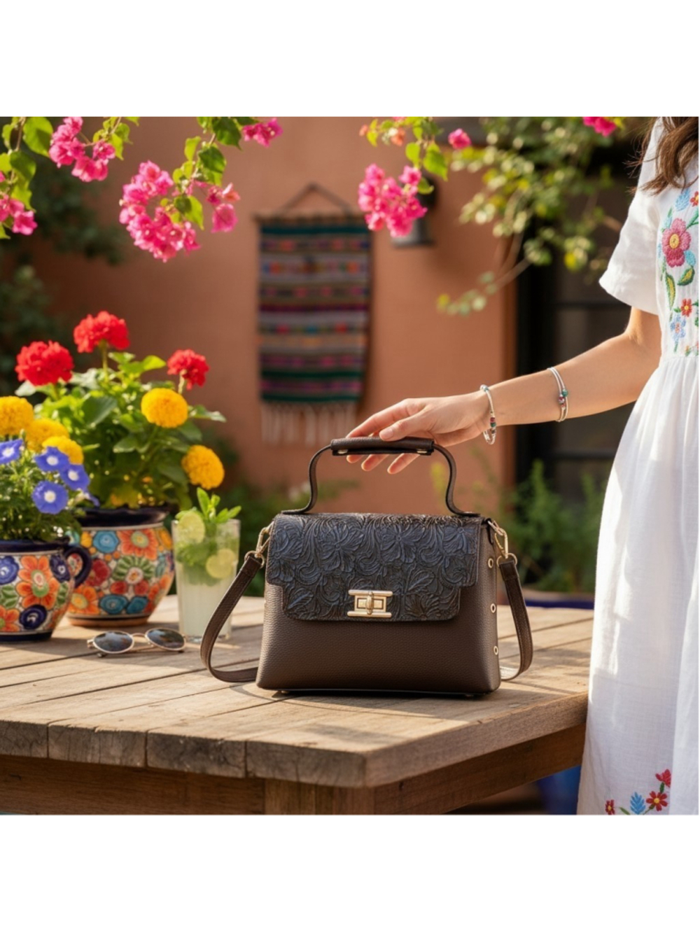 Chocolate Brown Floral Studded Embossed Artisan LEATHER Purse Handbag Crossbody